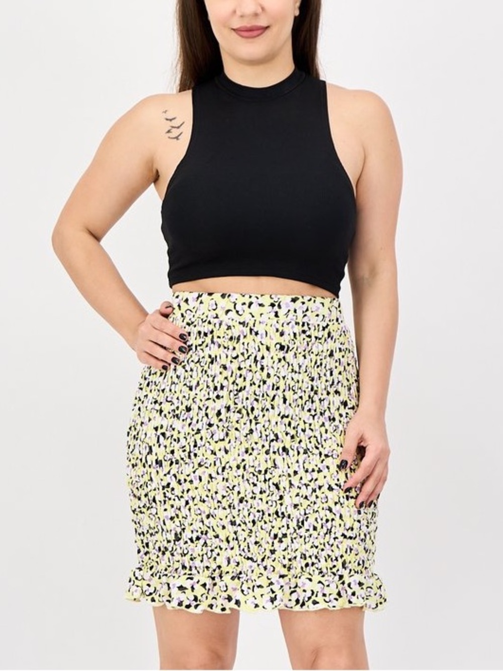 NWOT Vero Moda Yellow Floral Smocked Stretch Ruffle Hem Women’s Mini Skirt